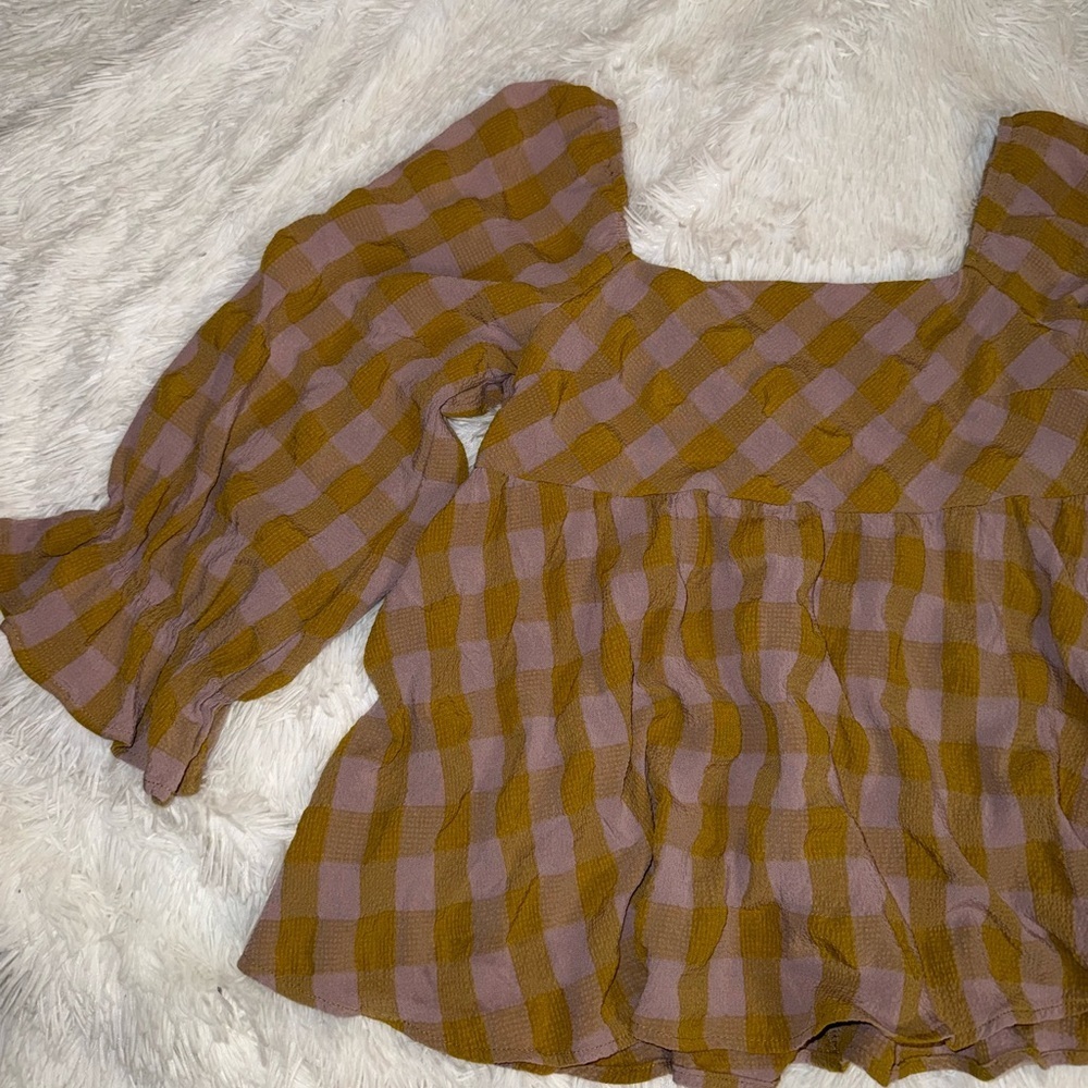 entro Pink and Brown Gingham Puff-Sleeve Peplum Blouse
